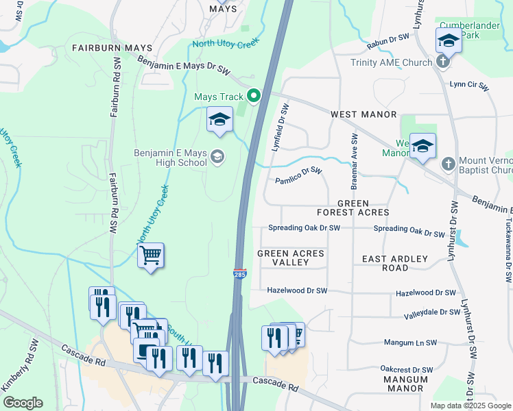 map of restaurants, bars, coffee shops, grocery stores, and more near 3434 Lynfield Drive Southwest in Atlanta