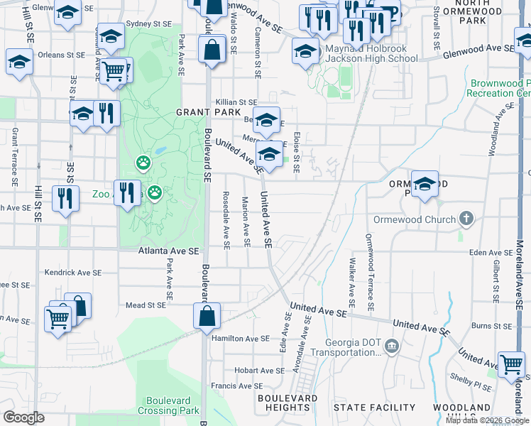 map of restaurants, bars, coffee shops, grocery stores, and more near Confederate Avenue Southeast in Atlanta