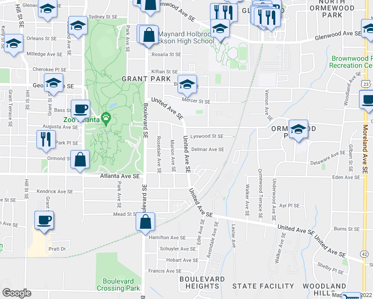 map of restaurants, bars, coffee shops, grocery stores, and more near Confederate Ave SE & Delmar Ave SE in Atlanta