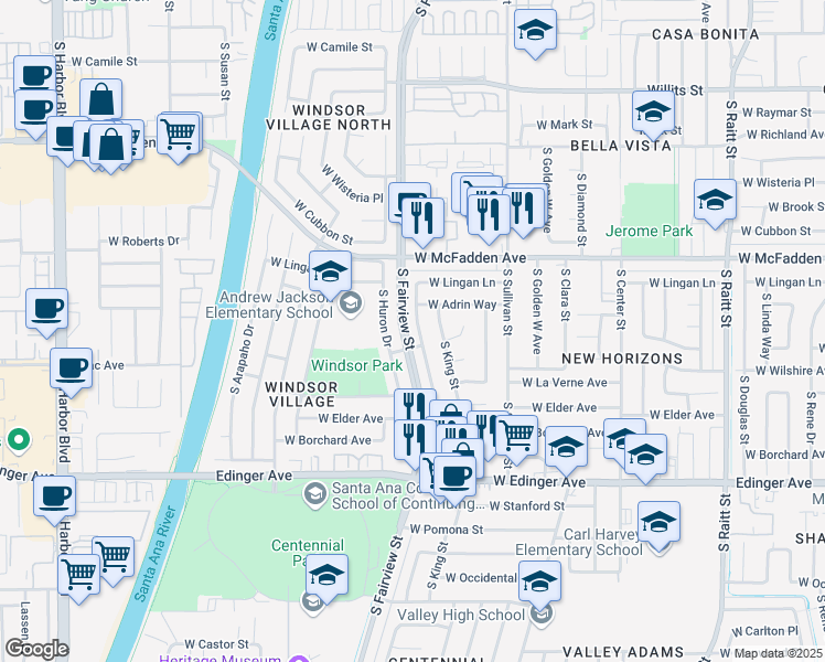 map of restaurants, bars, coffee shops, grocery stores, and more near 1214 South Marine Street in Santa Ana