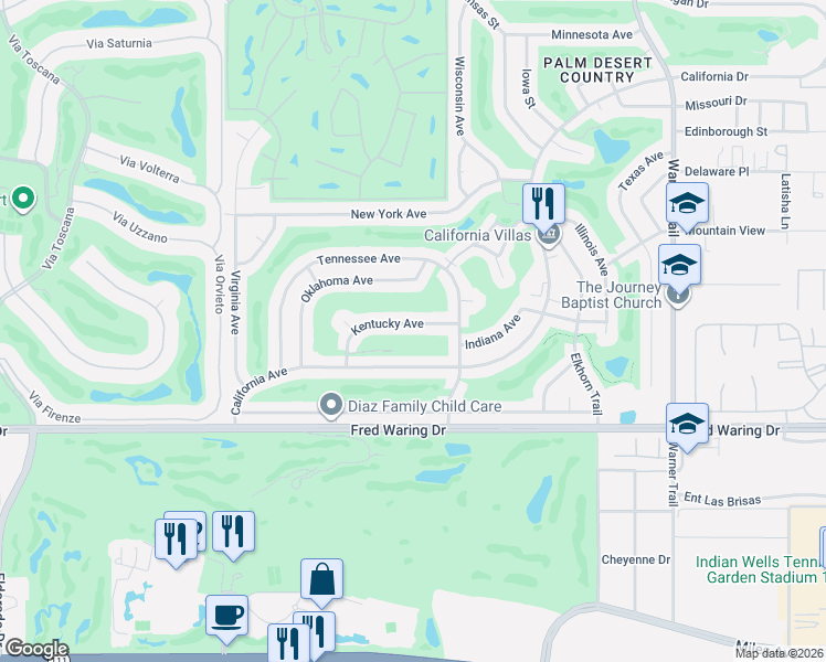 map of restaurants, bars, coffee shops, grocery stores, and more near 76901 Kentucky Avenue in Palm Desert