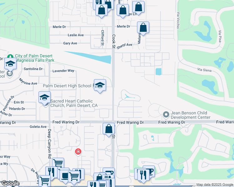 map of restaurants, bars, coffee shops, grocery stores, and more near 43148 Cook Street in Palm Desert