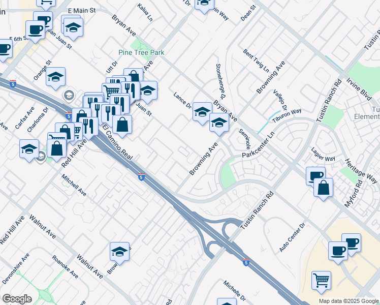 map of restaurants, bars, coffee shops, grocery stores, and more near 1861 Harvest Circle in Tustin