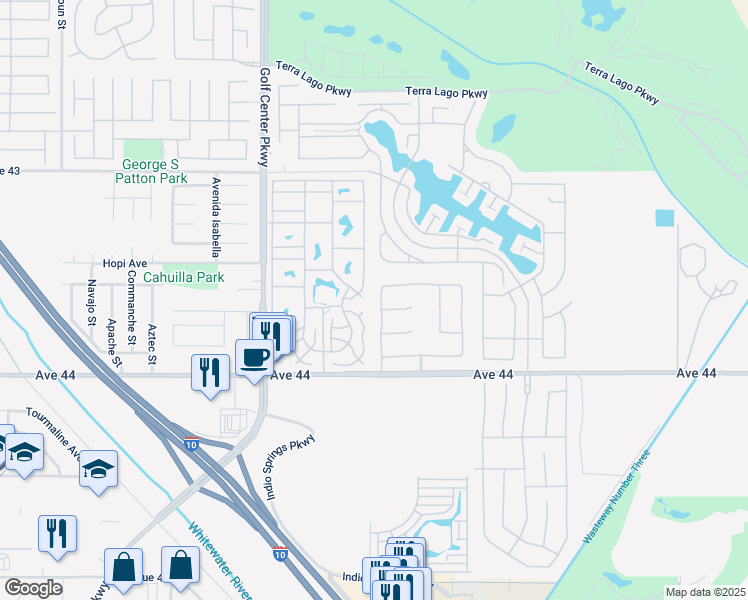 map of restaurants, bars, coffee shops, grocery stores, and more near 43635 Aquila Street in Indio