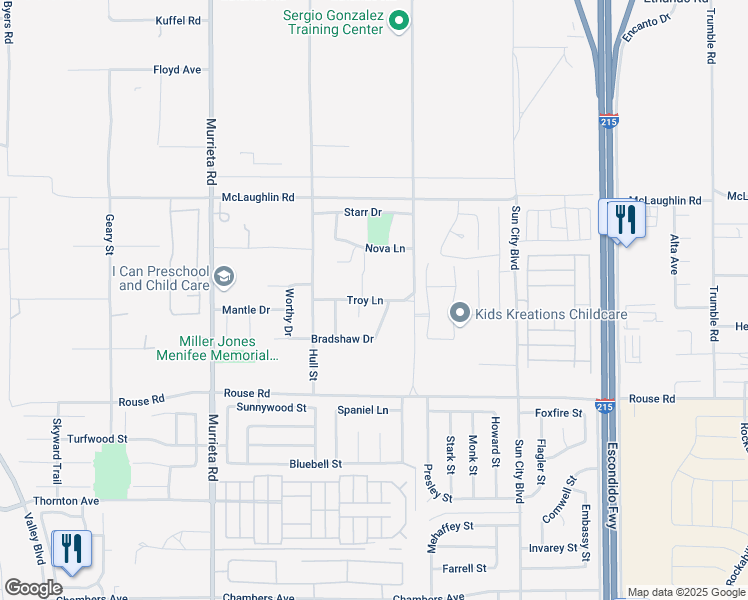 map of restaurants, bars, coffee shops, grocery stores, and more near 26437 Troy Lane in Menifee