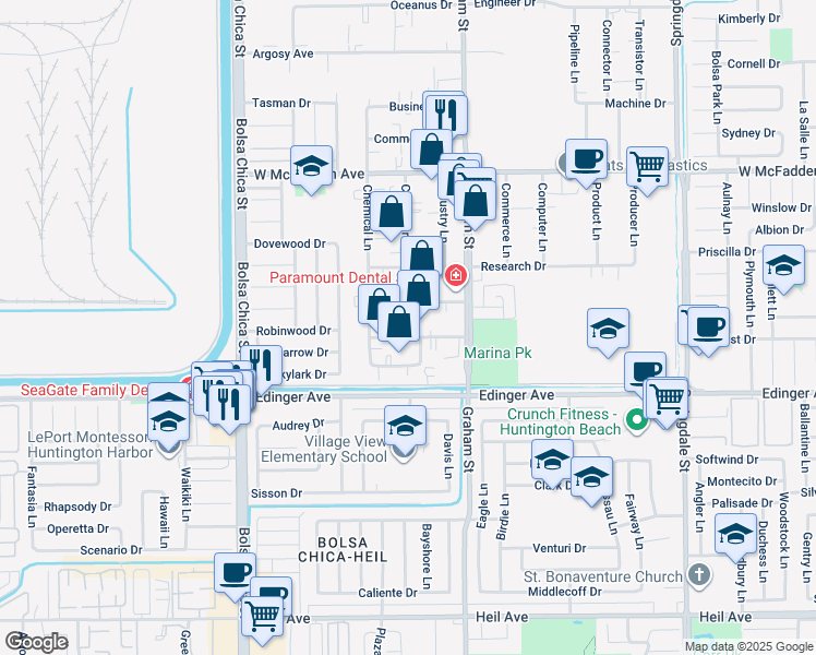map of restaurants, bars, coffee shops, grocery stores, and more near 5361 Production Dr in Huntington Beach