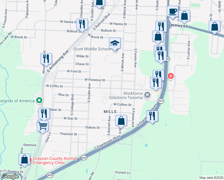 map of restaurants, bars, coffee shops, grocery stores, and more near 2400 South Barrett Avenue in Denison