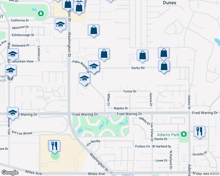map of restaurants, bars, coffee shops, grocery stores, and more near 43640 Milan Court in La Quinta
