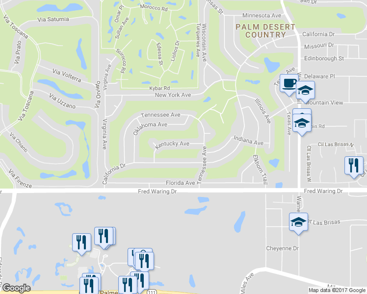 map of restaurants, bars, coffee shops, grocery stores, and more near 76901 Kentucky Avenue in Palm Desert