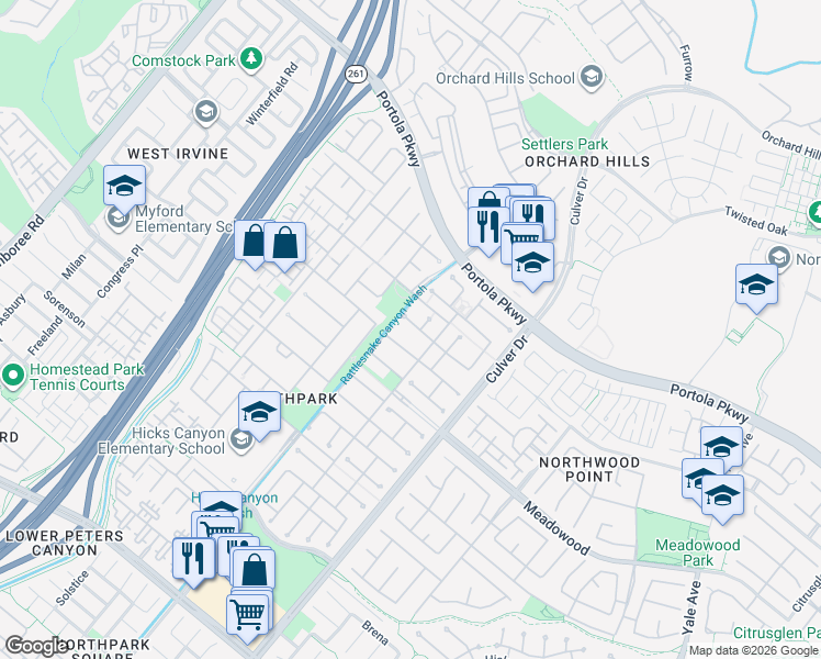 map of restaurants, bars, coffee shops, grocery stores, and more near 50 Maywood in Irvine