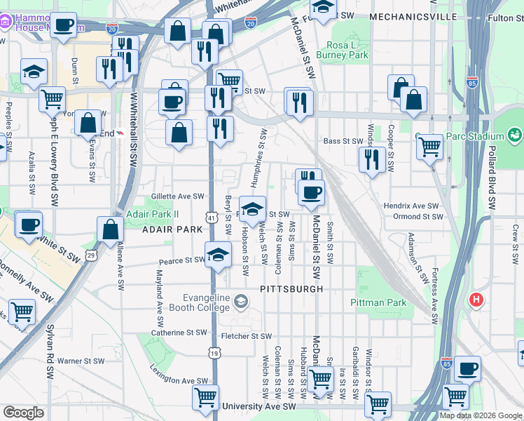 map of restaurants, bars, coffee shops, grocery stores, and more near 529 Rockwell Street Southwest in Atlanta