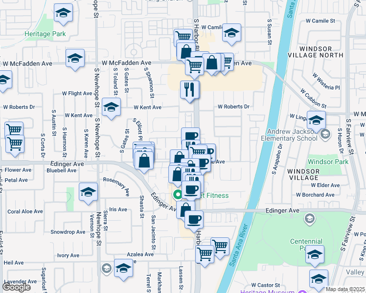 map of restaurants, bars, coffee shops, grocery stores, and more near 11919 Verbena Court in Fountain Valley