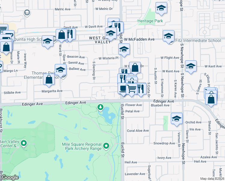 map of restaurants, bars, coffee shops, grocery stores, and more near 10897 Obsidian Court in Fountain Valley
