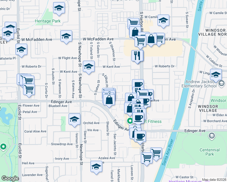 map of restaurants, bars, coffee shops, grocery stores, and more near 15916 Sterling Court in Fountain Valley