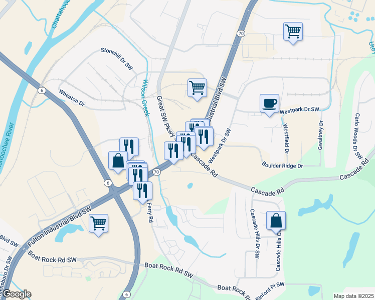 map of restaurants, bars, coffee shops, grocery stores, and more near Fulton Industrial Blvd SW & Cascade Rd in Atlanta