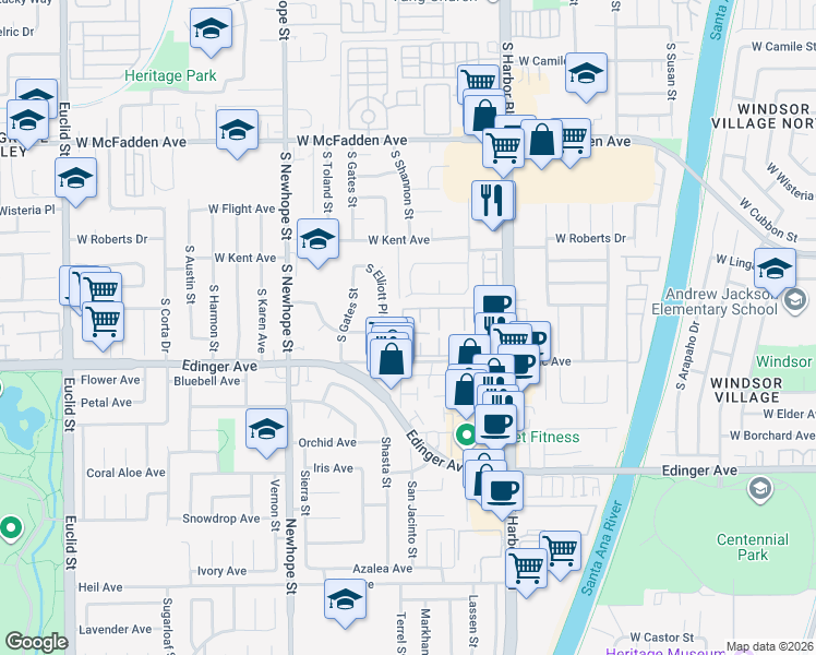map of restaurants, bars, coffee shops, grocery stores, and more near 15916 Sterling Court in Fountain Valley