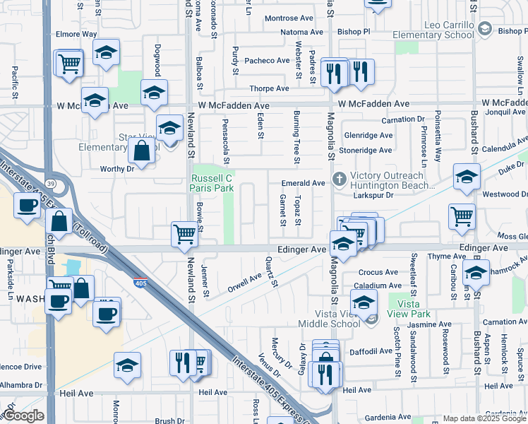 map of restaurants, bars, coffee shops, grocery stores, and more near 15892 Plumwood Street in Westminster