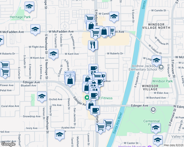 map of restaurants, bars, coffee shops, grocery stores, and more near 11943 Verbena Court in Fountain Valley