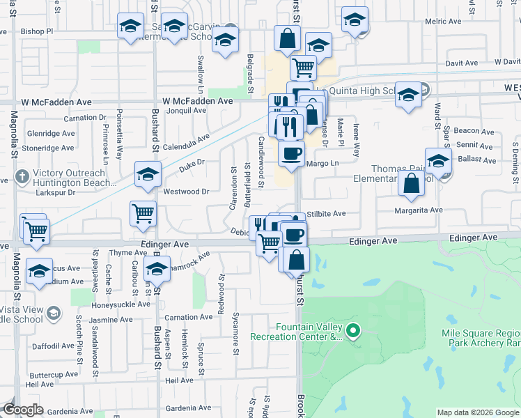 map of restaurants, bars, coffee shops, grocery stores, and more near 9868 Pawlet Circle in Fountain Valley