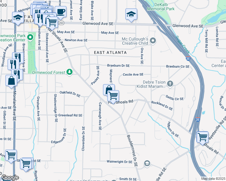 map of restaurants, bars, coffee shops, grocery stores, and more near 804 Maynard Terrace Southeast in Atlanta