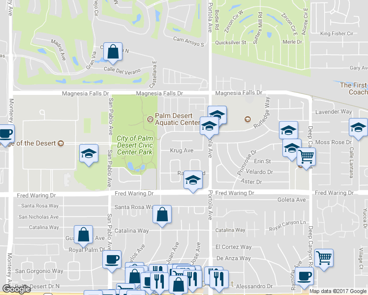 map of restaurants, bars, coffee shops, grocery stores, and more near 73876 Krug Avenue in Palm Desert