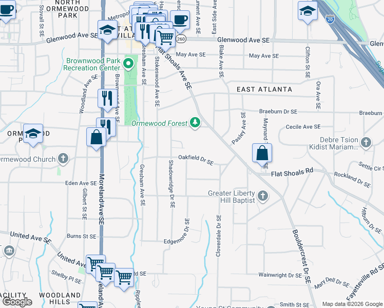 map of restaurants, bars, coffee shops, grocery stores, and more near 1184 Oakfield Drive Southeast in Atlanta