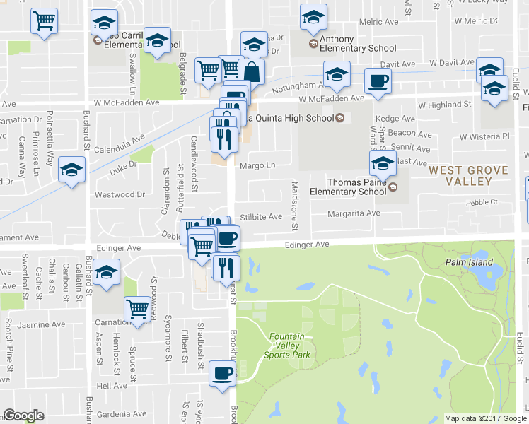 map of restaurants, bars, coffee shops, grocery stores, and more near 10115 Stilbite Avenue in Fountain Valley