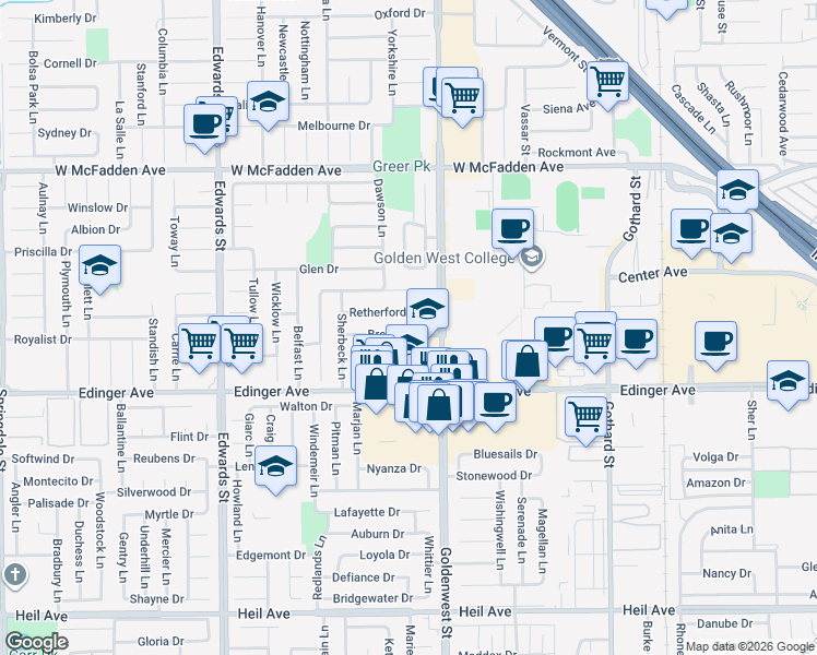 map of restaurants, bars, coffee shops, grocery stores, and more near 6901 Breeland Drive in Huntington Beach