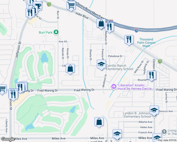 map of restaurants, bars, coffee shops, grocery stores, and more near 43746 Sunkist Court in Indio