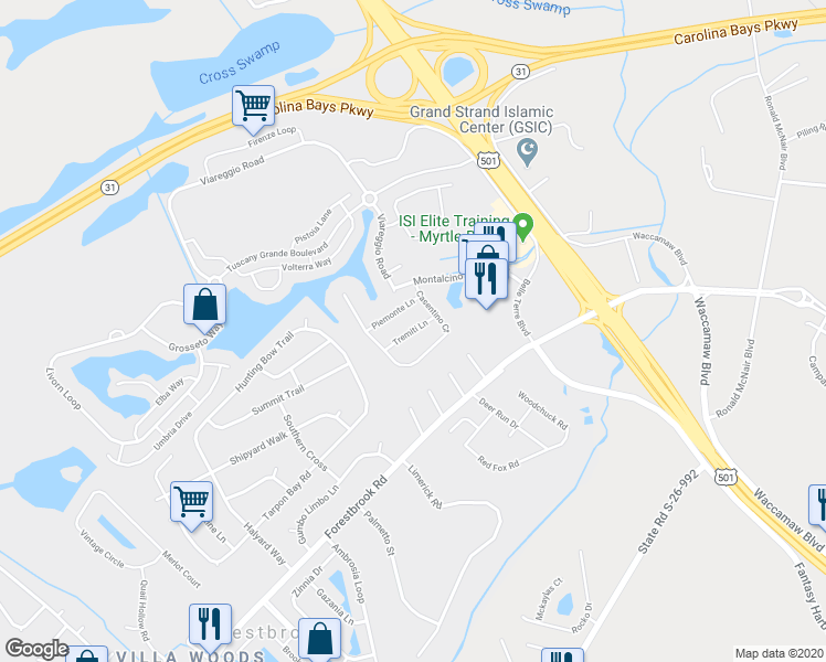 map of restaurants, bars, coffee shops, grocery stores, and more near Tremiti Lane in Myrtle Beach
