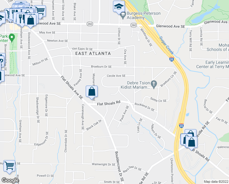 map of restaurants, bars, coffee shops, grocery stores, and more near 1682 Grace Street Southeast in Atlanta