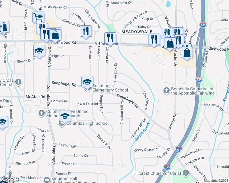 map of restaurants, bars, coffee shops, grocery stores, and more near 1508 Snapfinger Road in Decatur