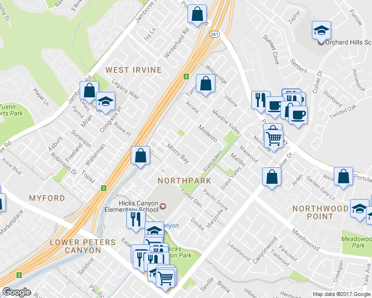 map of restaurants, bars, coffee shops, grocery stores, and more near 10 Buellton in Irvine