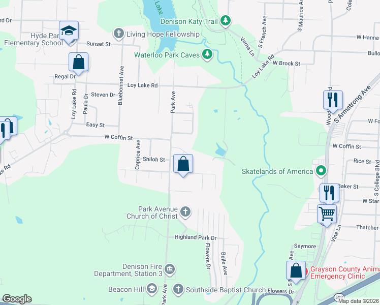 map of restaurants, bars, coffee shops, grocery stores, and more near 2109 Renaissance Drive in Denison