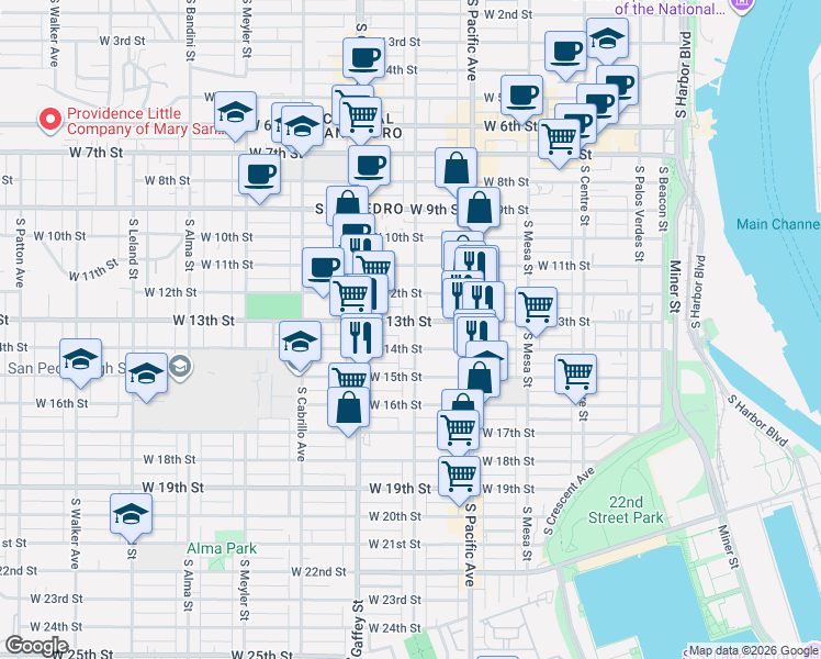 map of restaurants, bars, coffee shops, grocery stores, and more near 1320 South Grand Avenue in Los Angeles