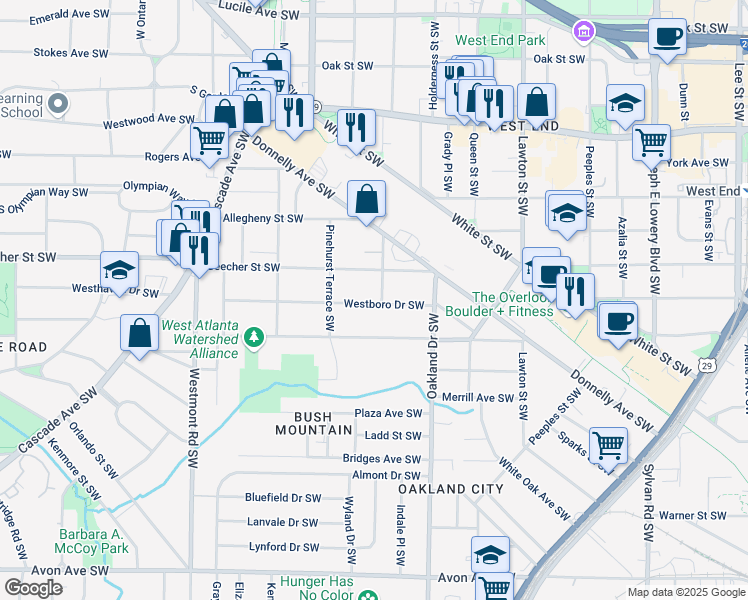 map of restaurants, bars, coffee shops, grocery stores, and more near 1268 Westboro Drive Southwest in Atlanta