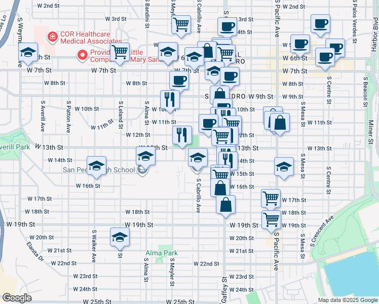 map of restaurants, bars, coffee shops, grocery stores, and more near 835 West 13th Street in Los Angeles