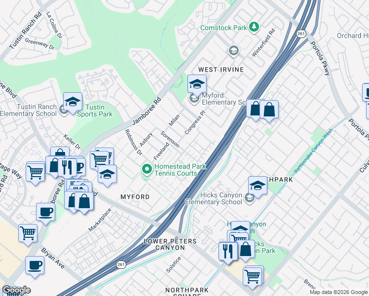 map of restaurants, bars, coffee shops, grocery stores, and more near 81 Waterman in Irvine