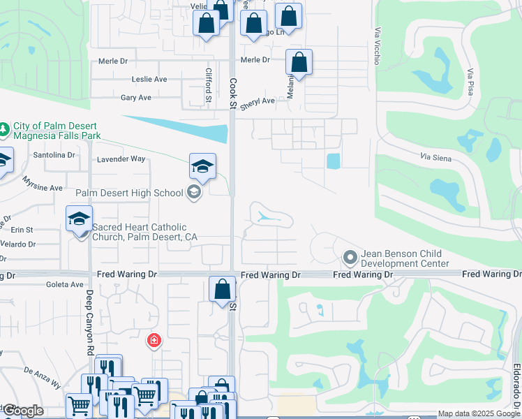 map of restaurants, bars, coffee shops, grocery stores, and more near 43376 Cook Street in Palm Desert