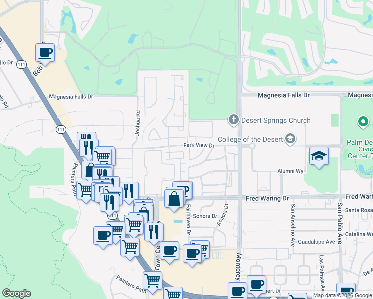 map of restaurants, bars, coffee shops, grocery stores, and more near 240 Paseo Vista Circle in Palm Desert