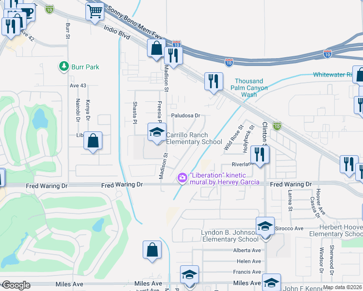 map of restaurants, bars, coffee shops, grocery stores, and more near 43660 Brahea Court in Indio