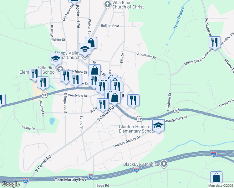map of restaurants, bars, coffee shops, grocery stores, and more near 201 Permian Way in Villa Rica