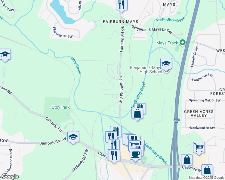map of restaurants, bars, coffee shops, grocery stores, and more near 3786 Mays Court Southwest in Atlanta