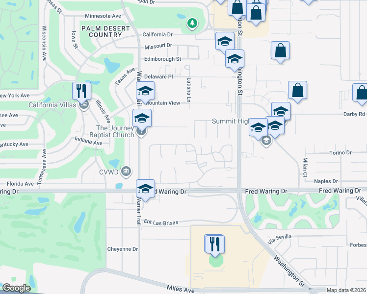 map of restaurants, bars, coffee shops, grocery stores, and more near 77739 Cape Verde Drive in Palm Desert