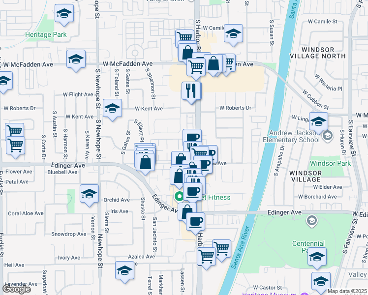 map of restaurants, bars, coffee shops, grocery stores, and more near 11919 Verbena Court in Fountain Valley