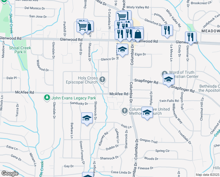 map of restaurants, bars, coffee shops, grocery stores, and more near 1990 South Columbia Place in Decatur