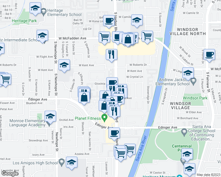 map of restaurants, bars, coffee shops, grocery stores, and more near 11943 Verbena Court in Fountain Valley