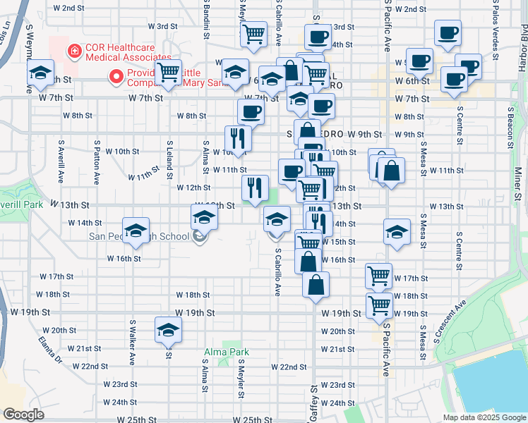 map of restaurants, bars, coffee shops, grocery stores, and more near 835 West 13th Street in Los Angeles
