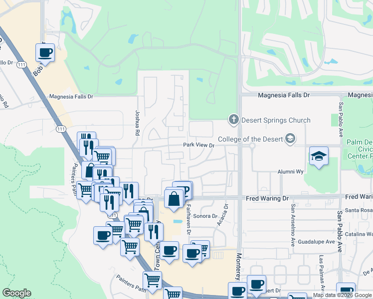 map of restaurants, bars, coffee shops, grocery stores, and more near 240 Paseo Vista Circle in Palm Desert