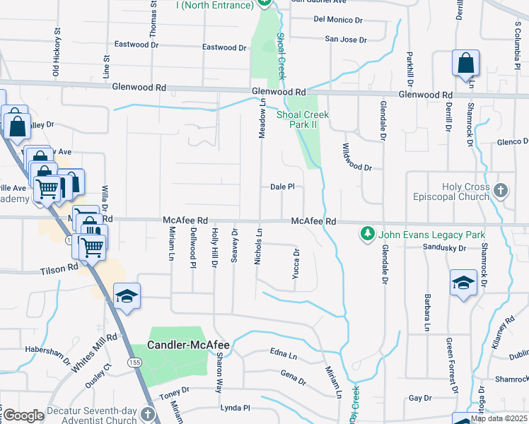map of restaurants, bars, coffee shops, grocery stores, and more near 2934 McAfee Road in Decatur